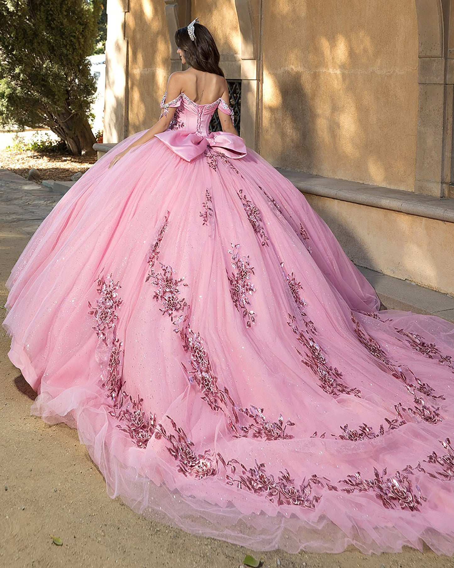 Dusty Rose 3D Floral Appliqué Off-Shoulder Dress with Detachable Bow back