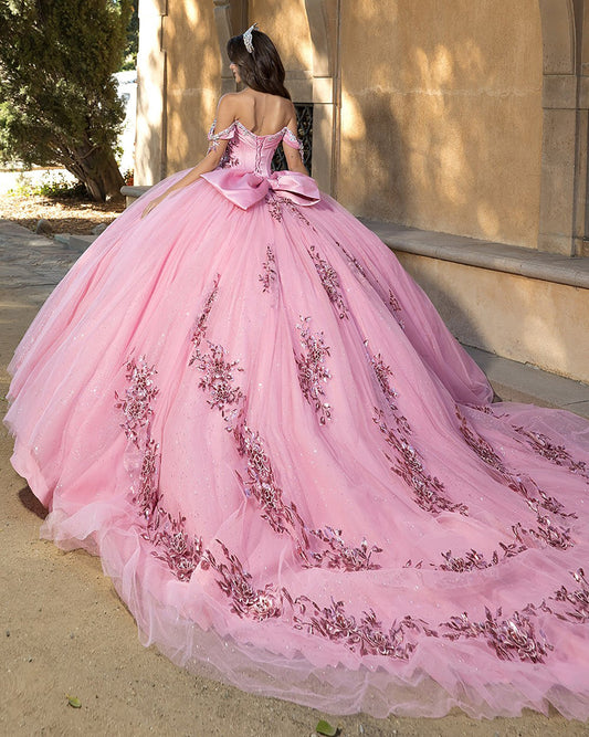 Dusty Rose 3D Floral Appliqué Off-Shoulder Dress with Detachable Bow back