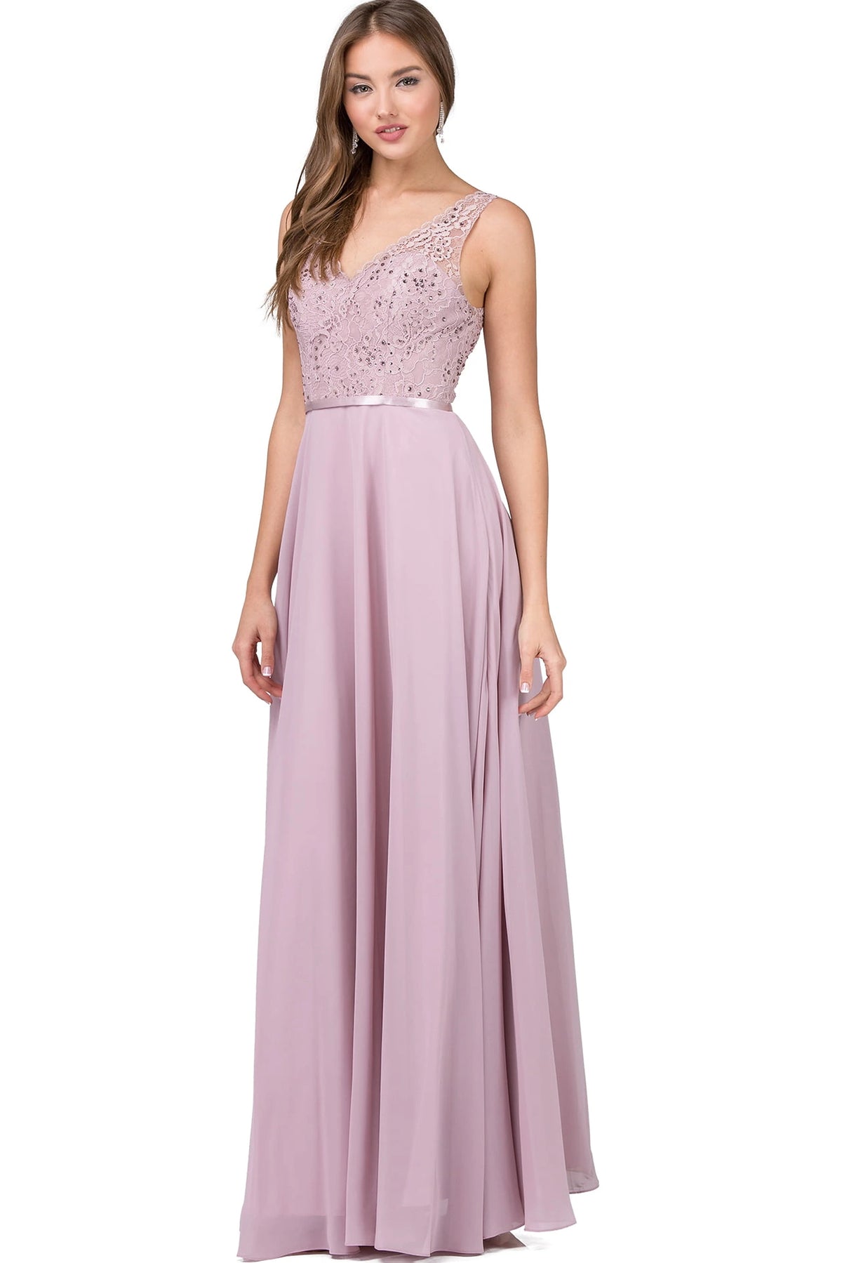 Featuring a floor-length skirt, this Mocha prom dress is shown in full view.