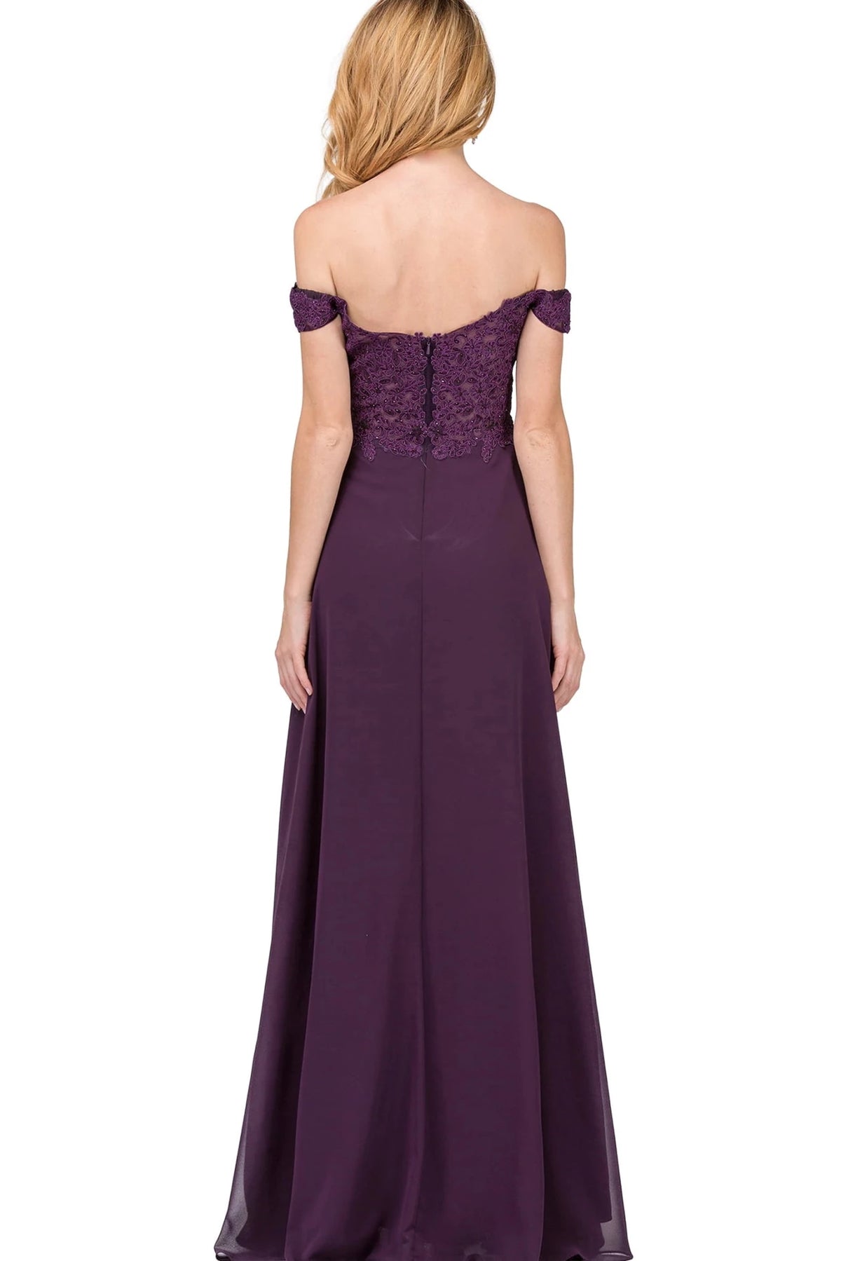 Featuring a floor-length skirt, this Plum prom dress is shown in full view.