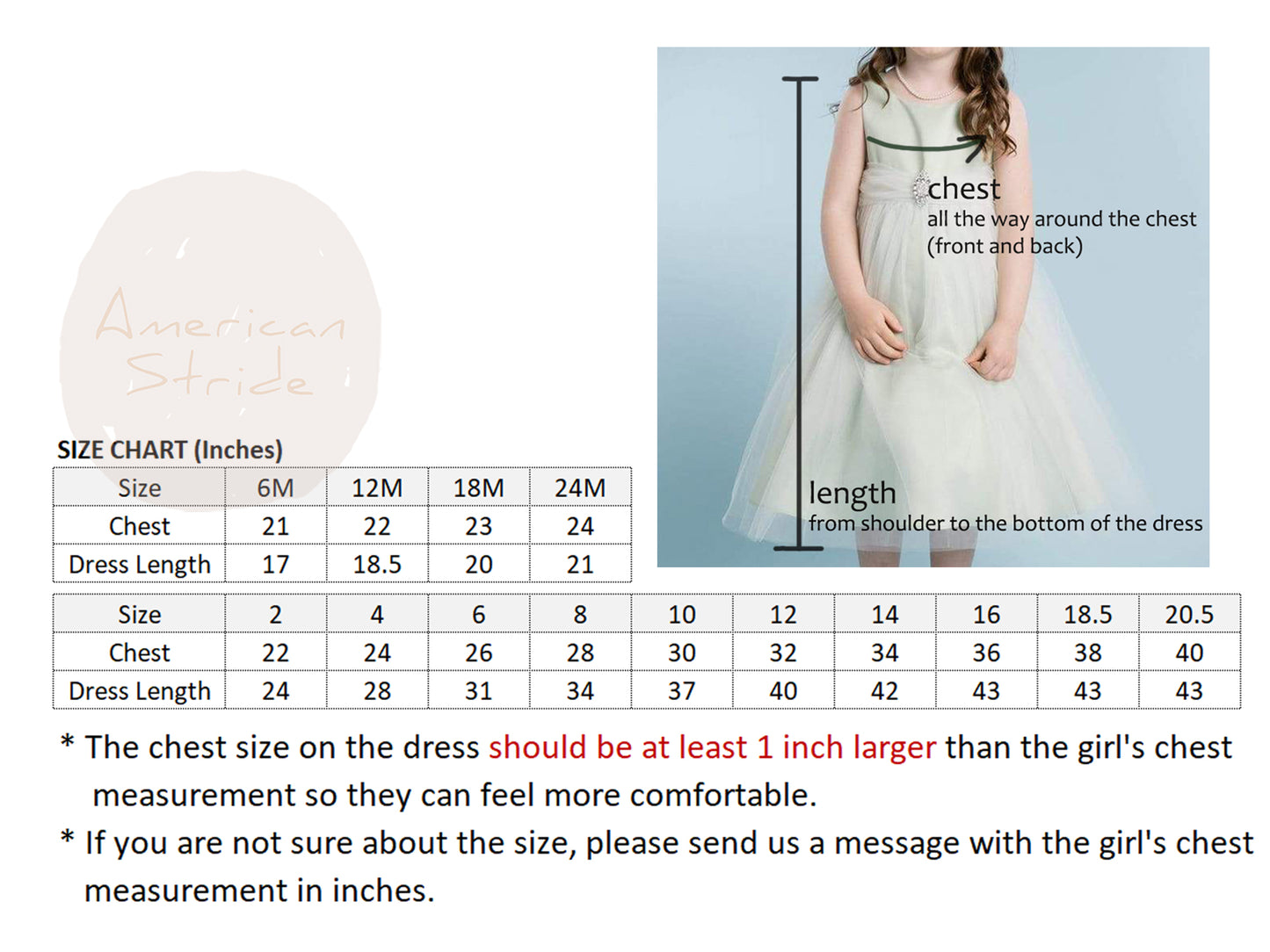 Size chart for a dress with measurements for chest, length, and dress size.