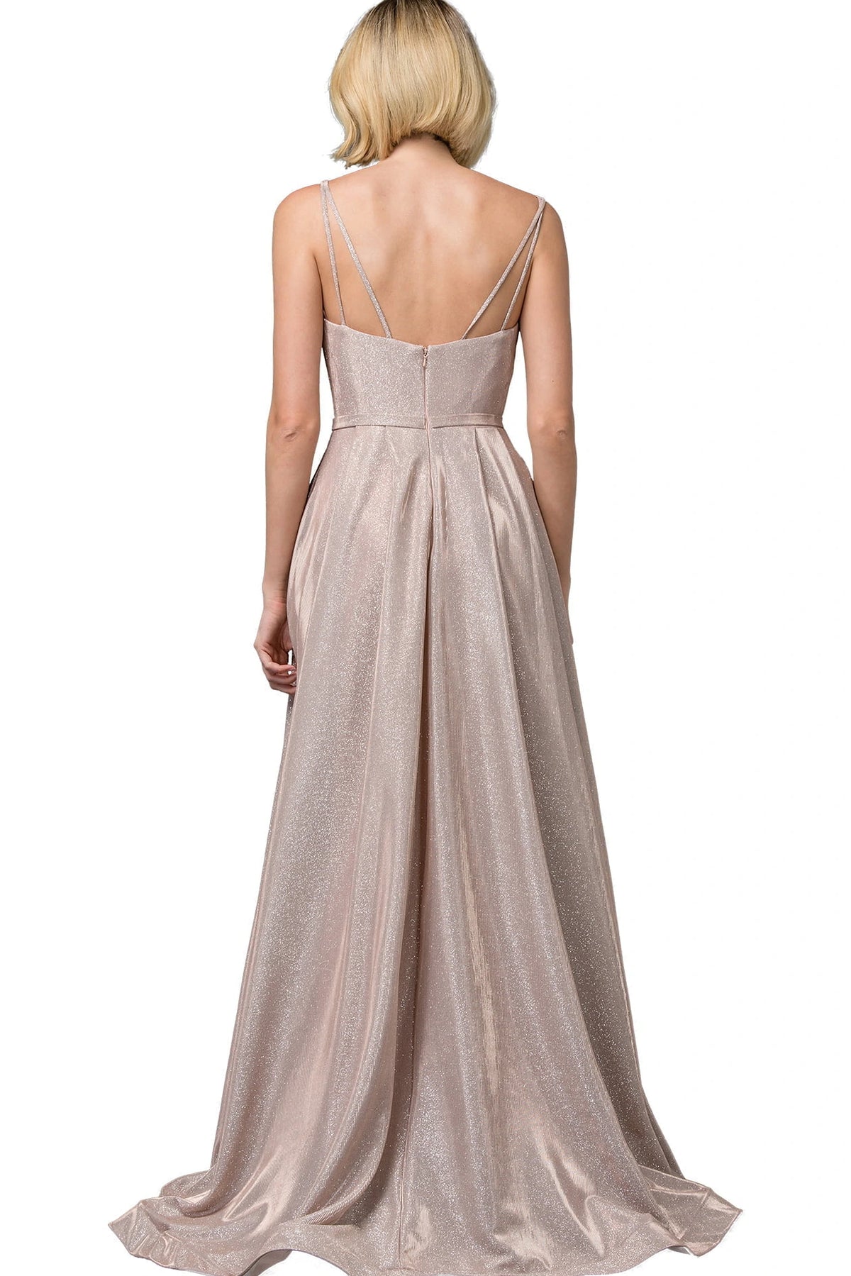 From the back, the Rose Gold prom dress reveals its floor-length skirt.