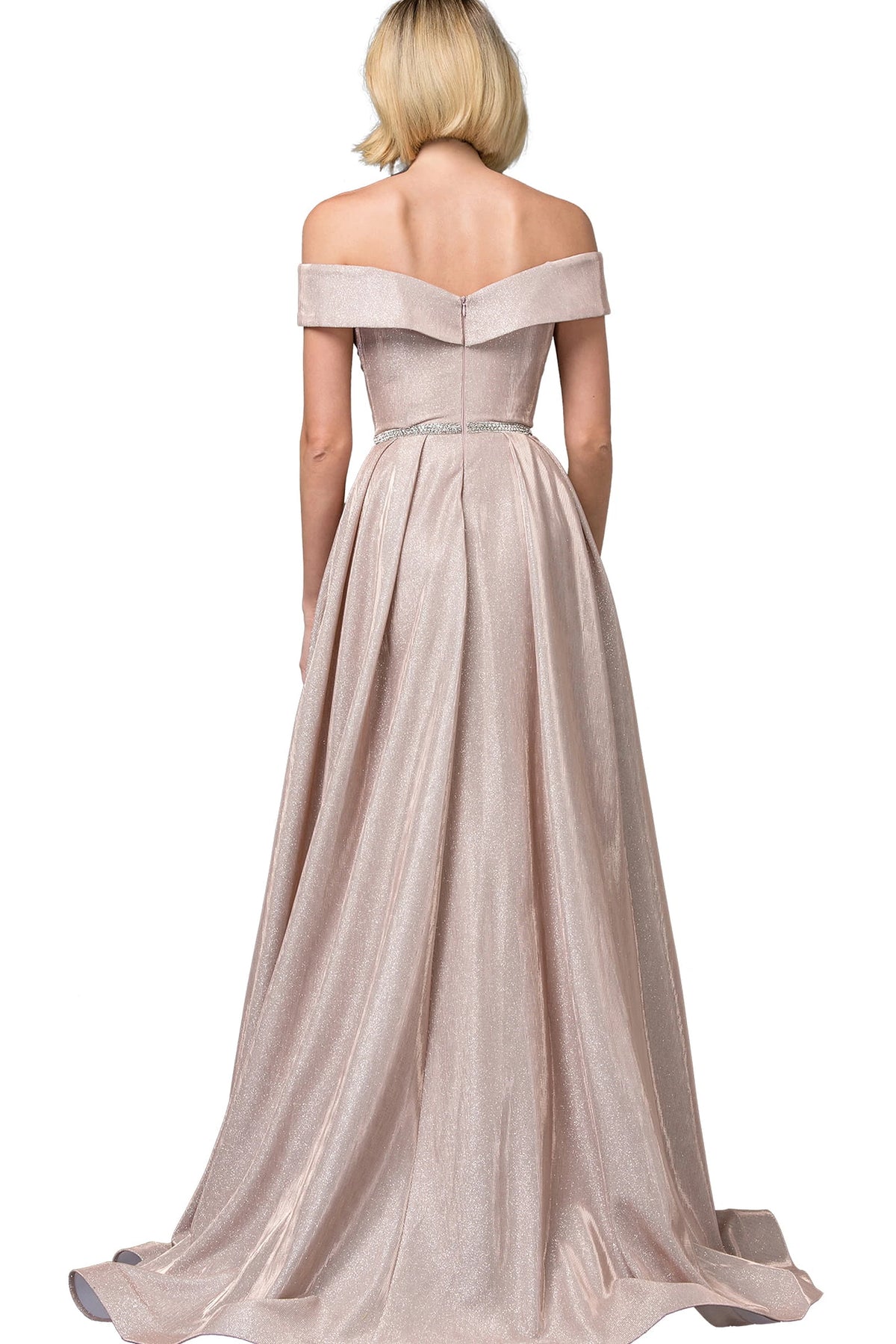 Featuring a floor-length skirt, this Rose Gold prom dress is shown in full view.