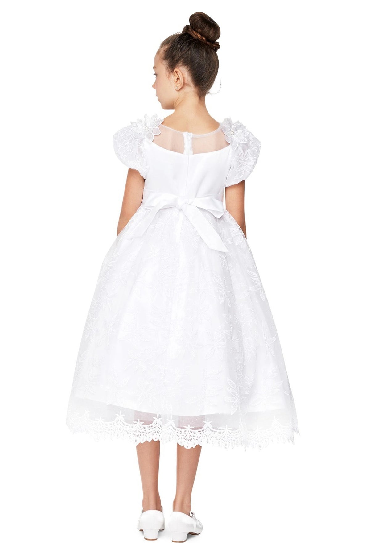 Back bow and zipper complete the sheer lace upper back of this White communion dress.