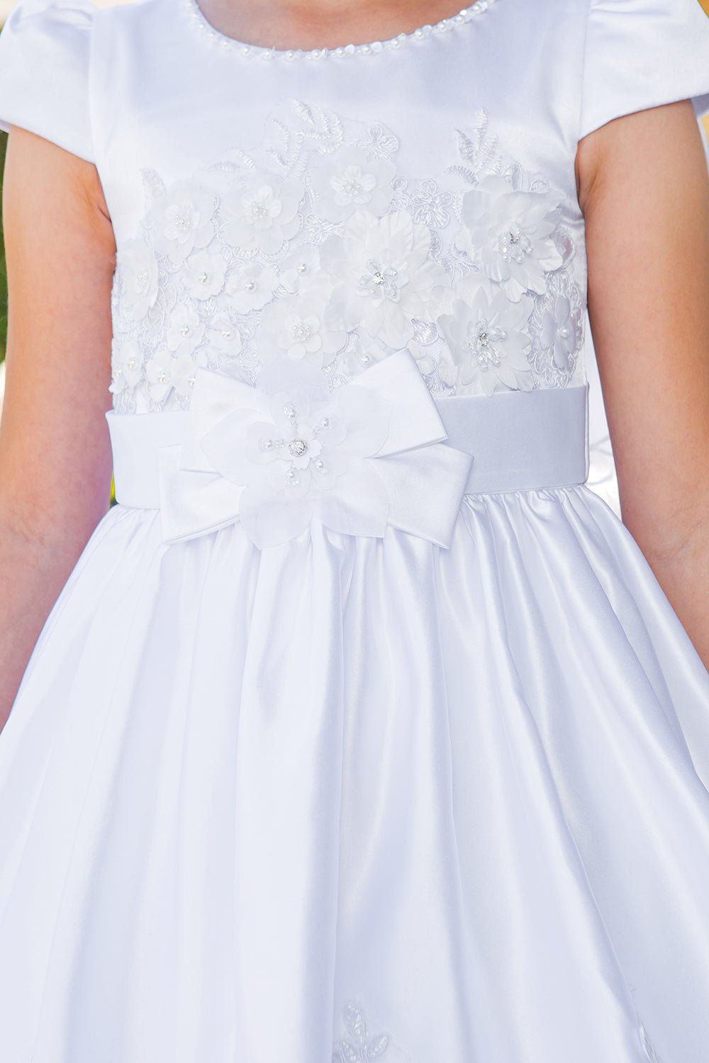 Bodice close-up highlights illusion Top satin Cap Sleeve Embellished Skirt White Communion Dress with Beads, Laces.
