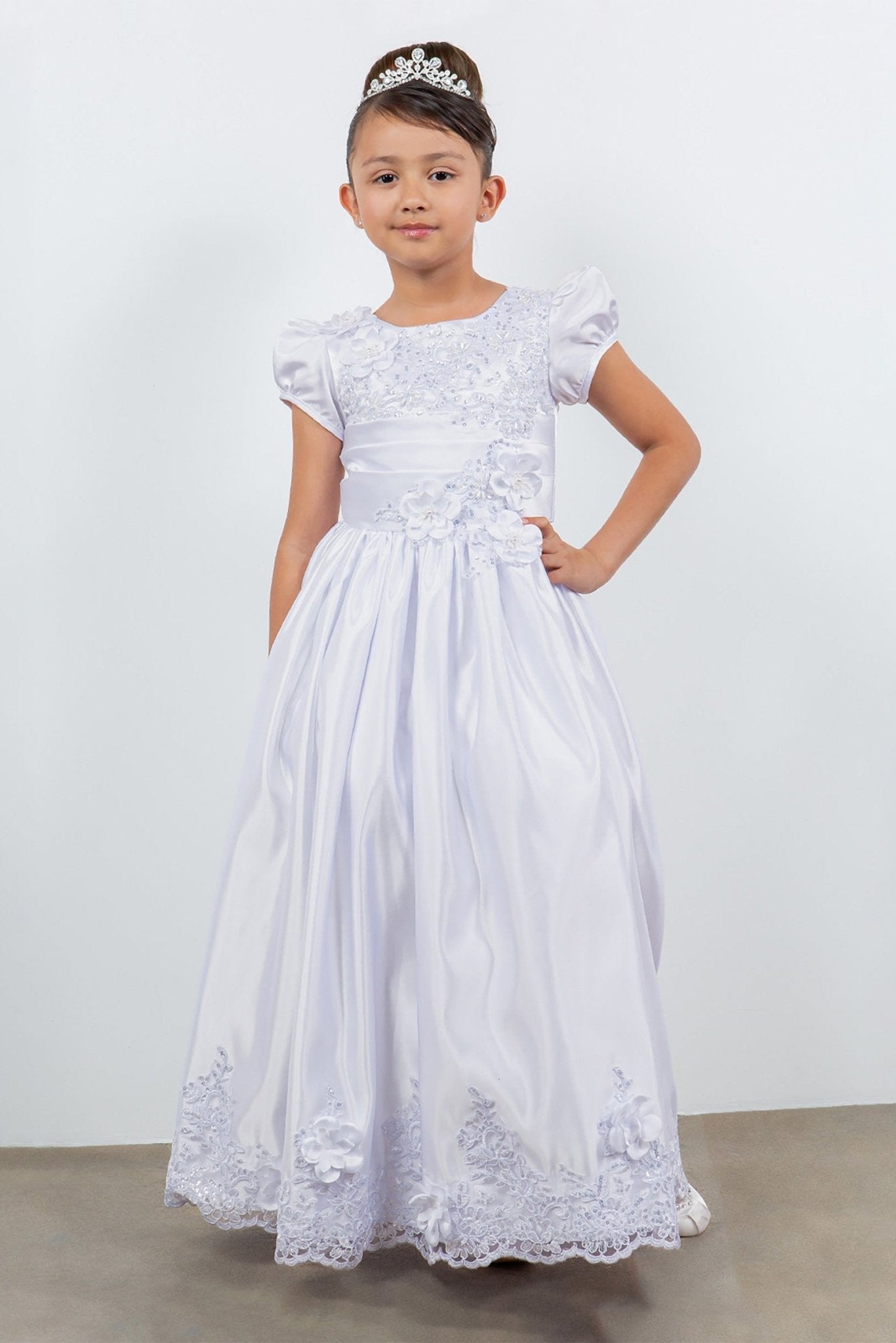 Elegant Satin First Communion Dress with Cap Sleeves, Beads 14 / White