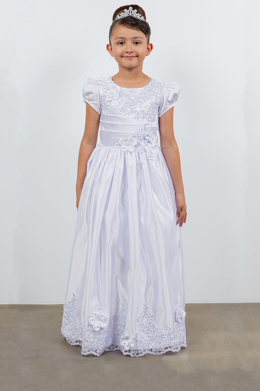 Elegant Satin Cap Sleeve First Communion Dress with Beads, Lace Details, and Back Satin Sash | Victoria Dress front view