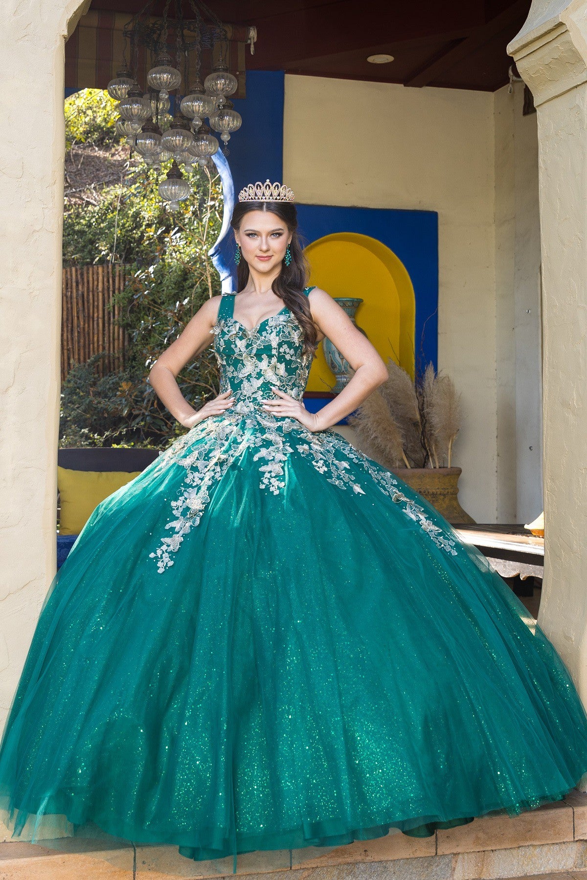 Quinceanera | Hunter Green Metallic Embroidered 3D Butterfly on Glitter Tulle Sweet 15 Ball Gown | Natalia dress | 3 Colors whole view
