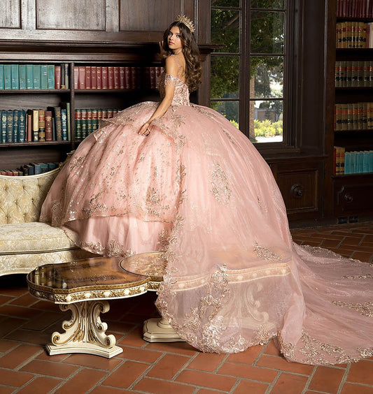 Quinceañera | Rose Gold Off Shoulder Epaulets Sleeve with Detachable Cathedral Tulle Train Quince Ball Gown | Esmeralda dress | 2 Colors Available side view