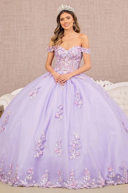 Woman wearing a lilac 3D floral off-shoulder gown with a beige background