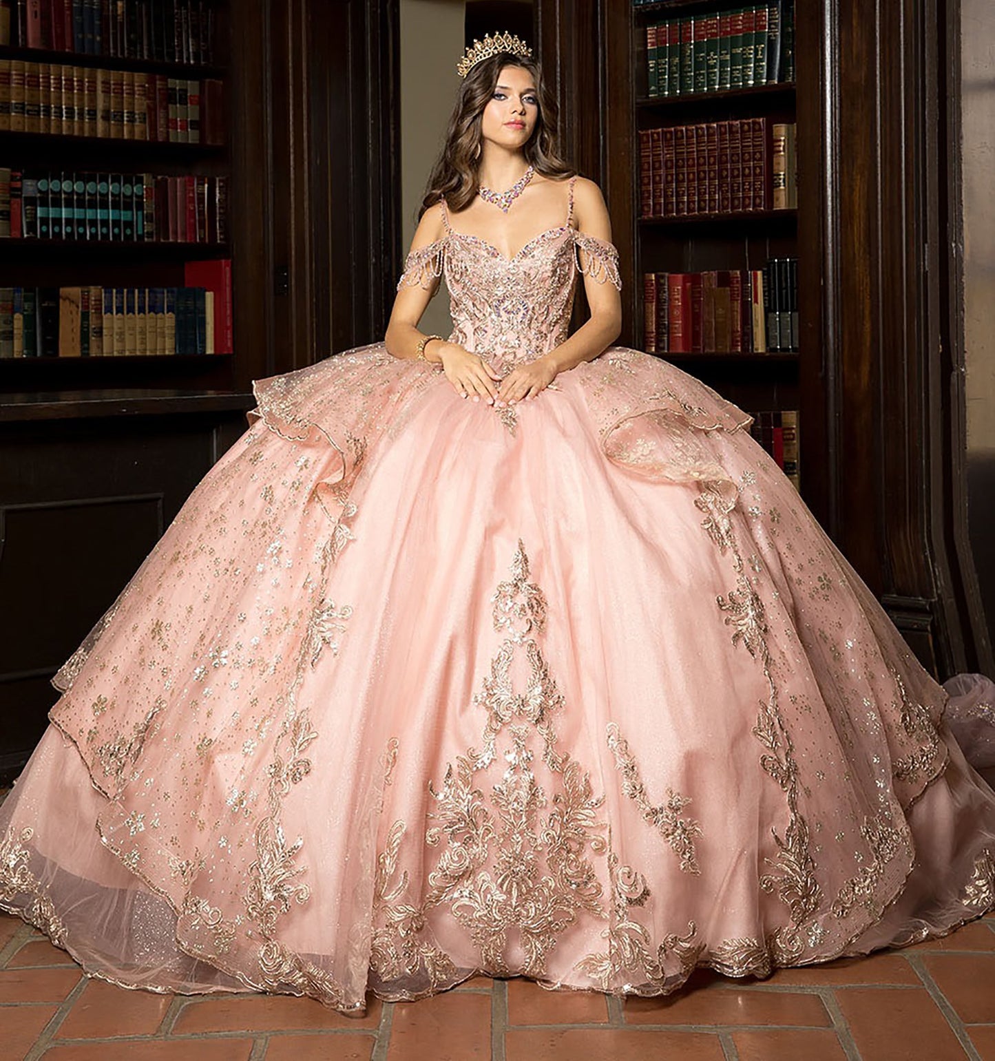 Quinceañera | Rose Gold Off Shoulder Epaulets Sleeve with Detachable Cathedral Tulle Train Quince Ball Gown | Esmeralda dress | 2 Colors Available front view