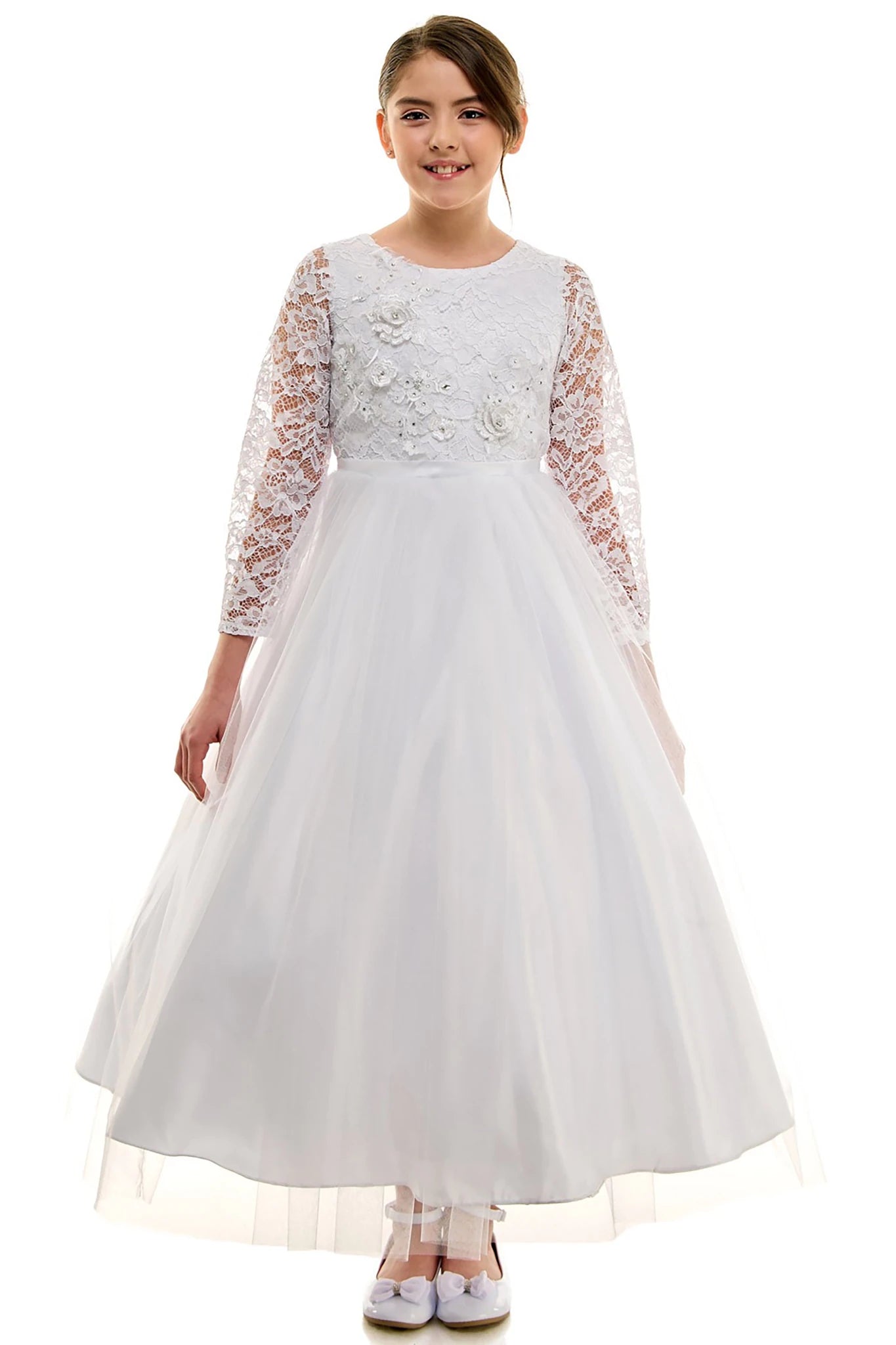 White lace communion dress with long sleeves.