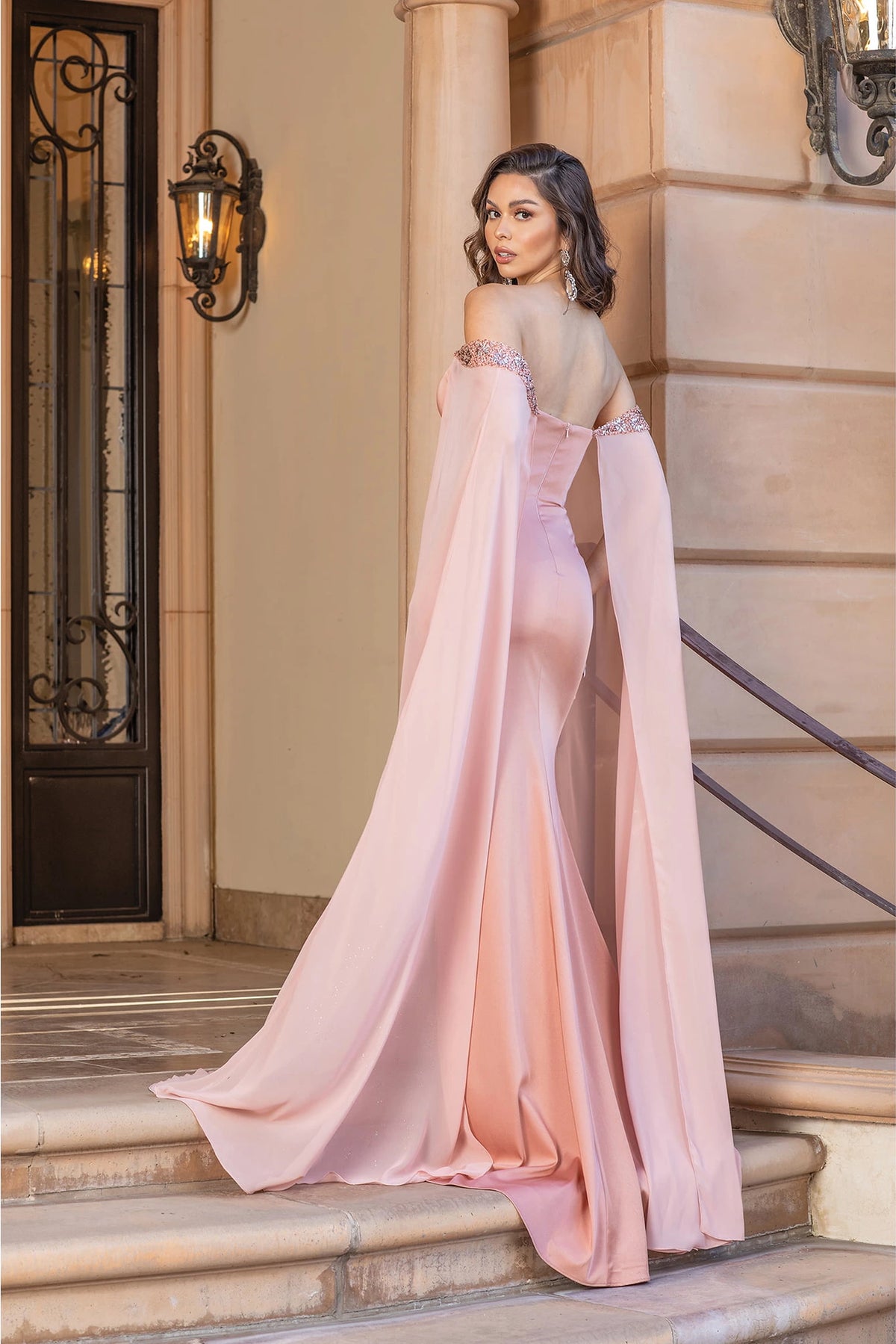 From the back, the Rose Gold prom dress reveals its floor-length skirt.