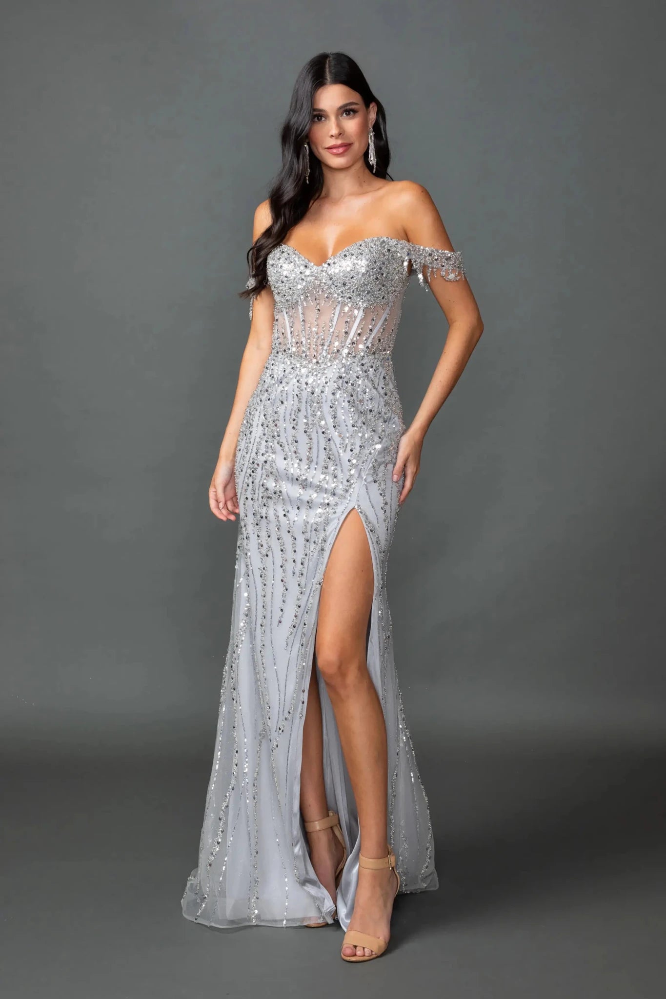 silver corset prom dress Long Sequin-Print Prom Dress with Fringe Straps Silver / XLarge