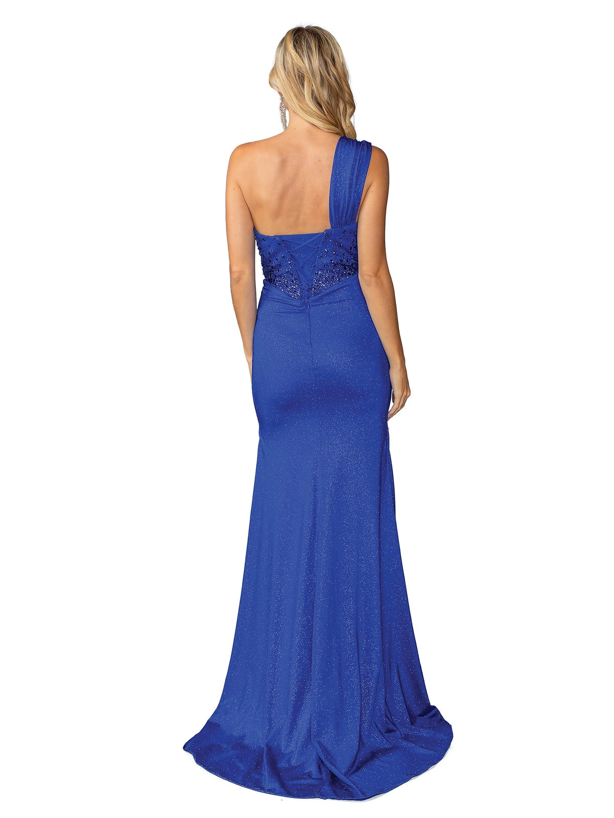 Crossed back lacing finishes the Royal Blue One-Shoulder Glitter Prom & Evening Dress.