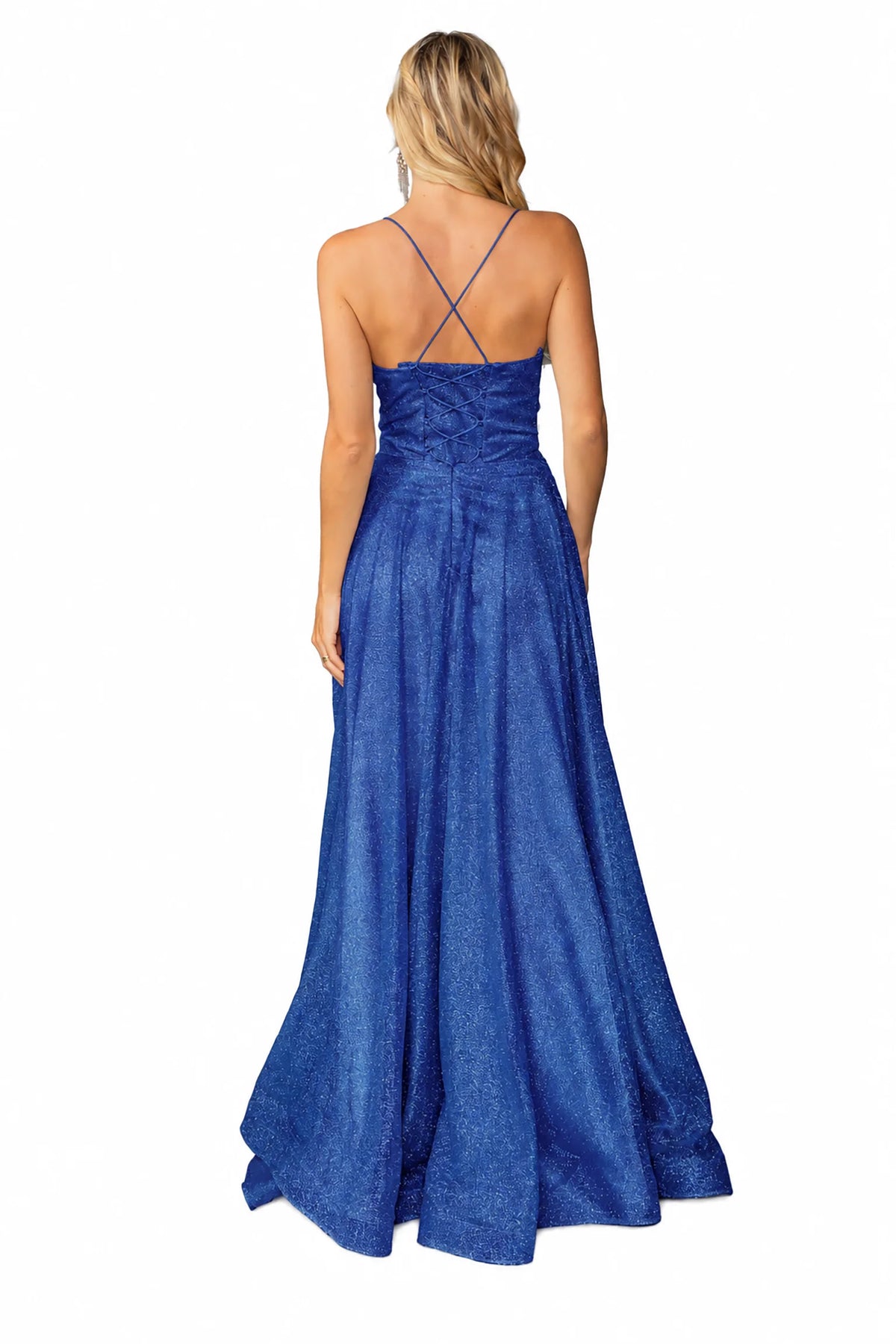 floor-length royal blue gown with thin crisscross straps at the open back