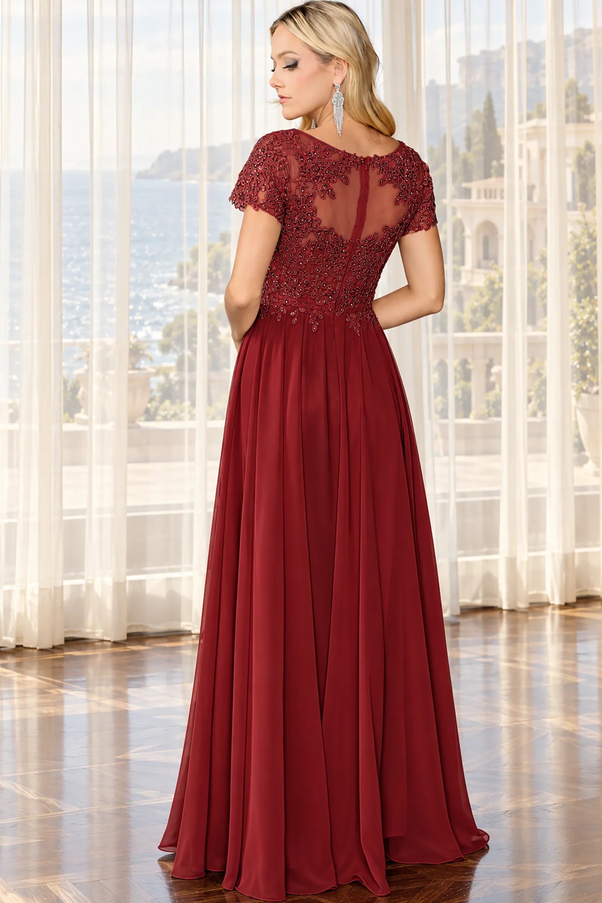 Sheer lace back and flowing skirt complete the Burgundy Beaded Prom Dress.