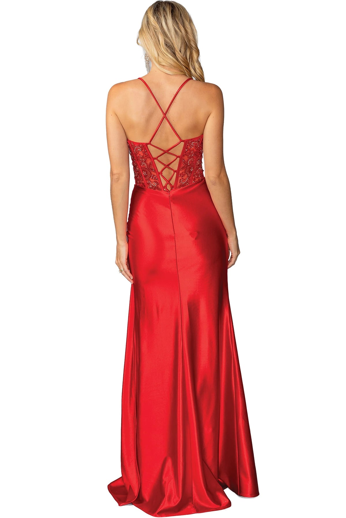 From the back, the Red prom dress reveals its floor-length skirt.