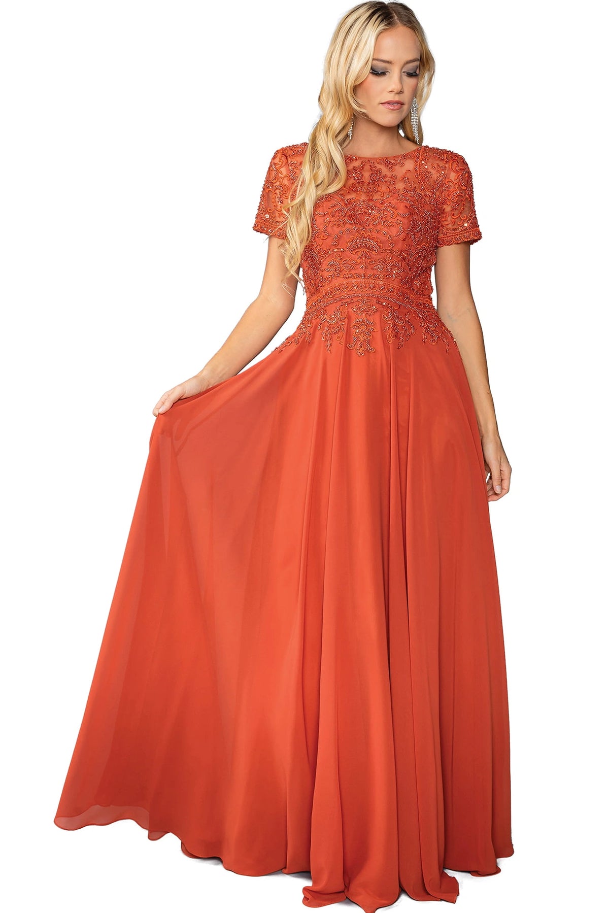 Beaded lace highlights the Sienna mother of the bride dress with short sleeves and a gathered waist.