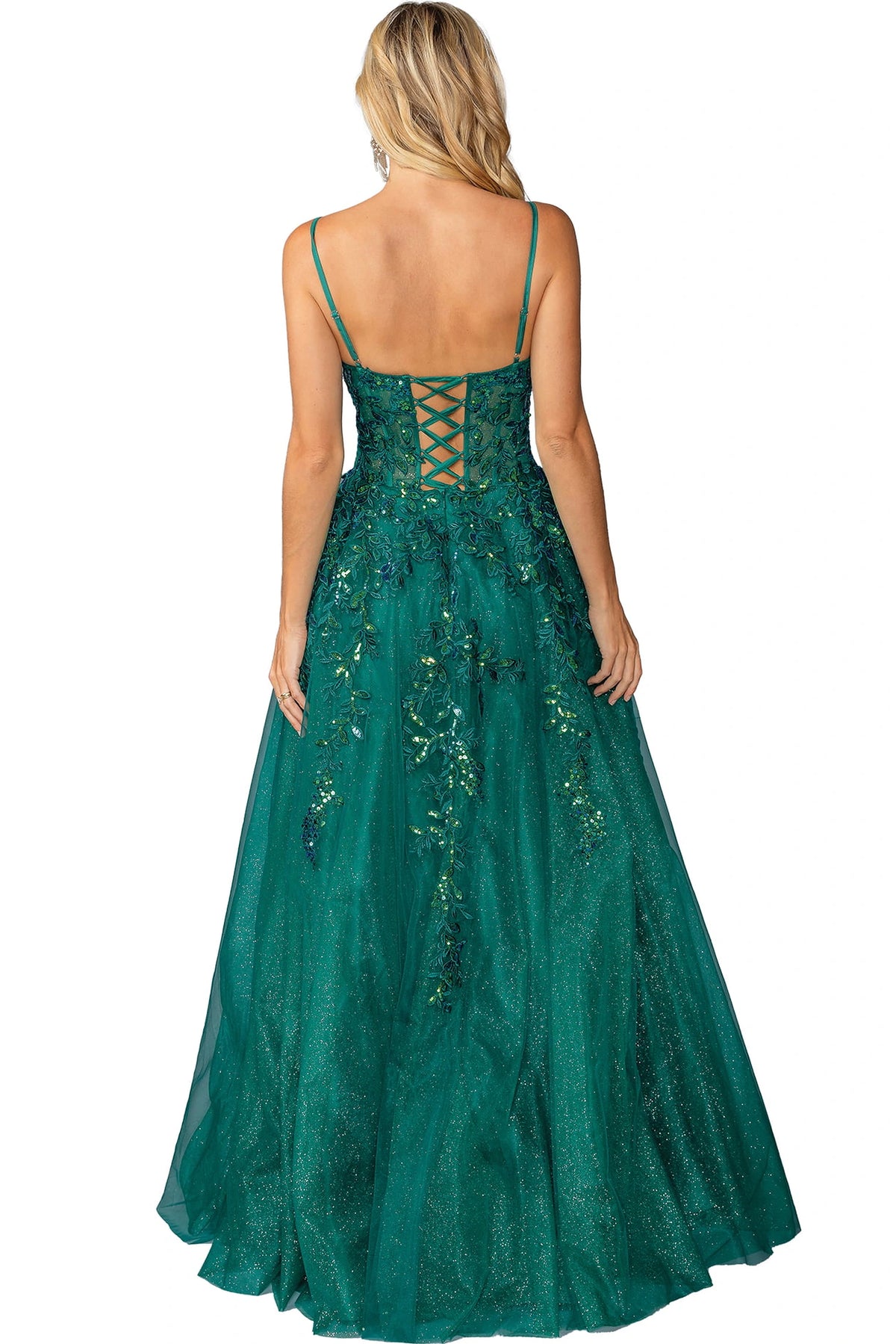 From the back, the Hunter Green prom dress reveals its floor-length skirt.
