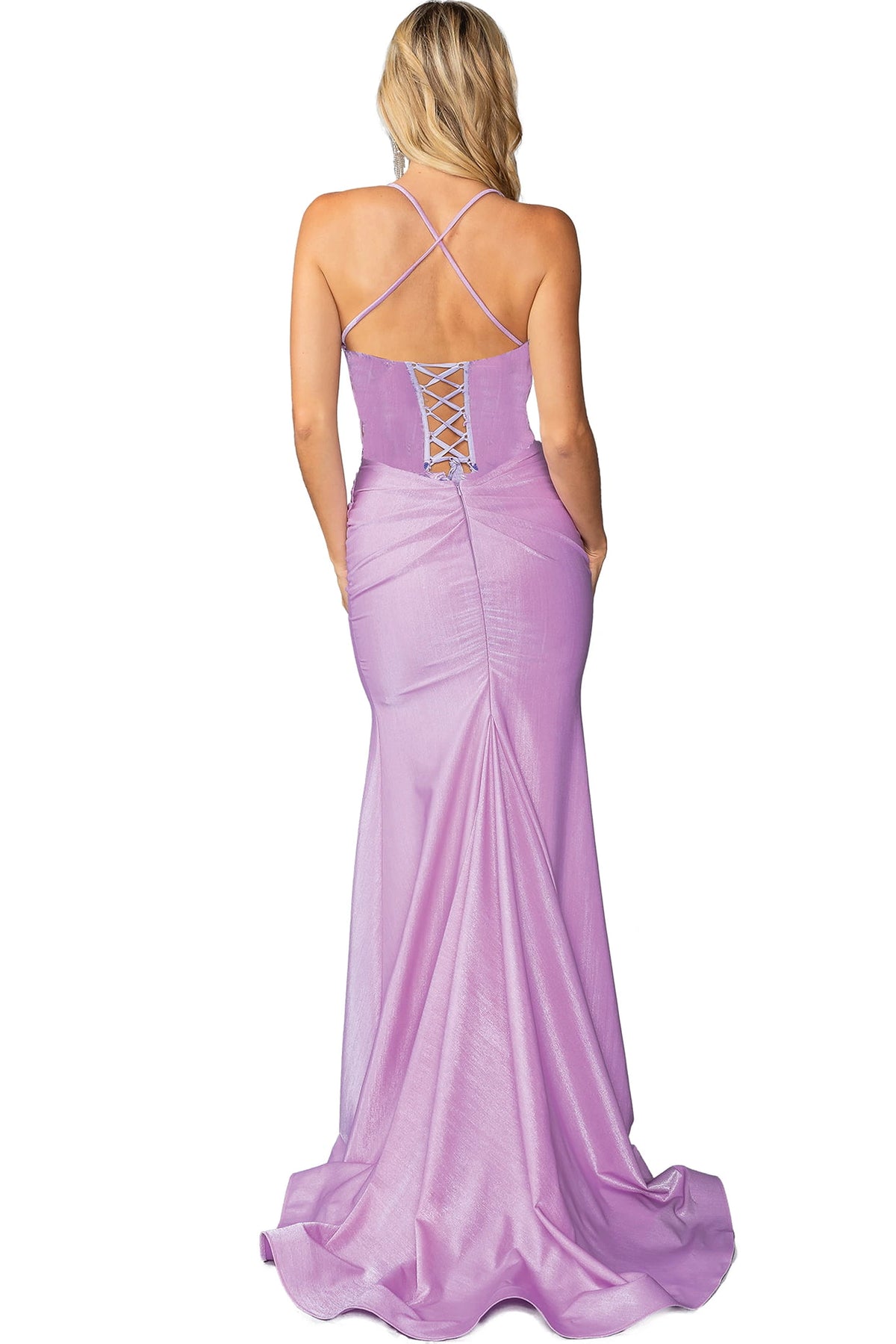 From the back, the Lilac prom dress reveals its floor-length skirt.