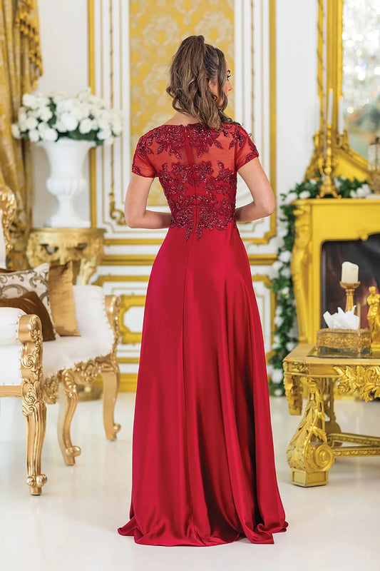 Back full Length view of Graceful Burgundy A-Line Lace Prom Dress with Sleeves