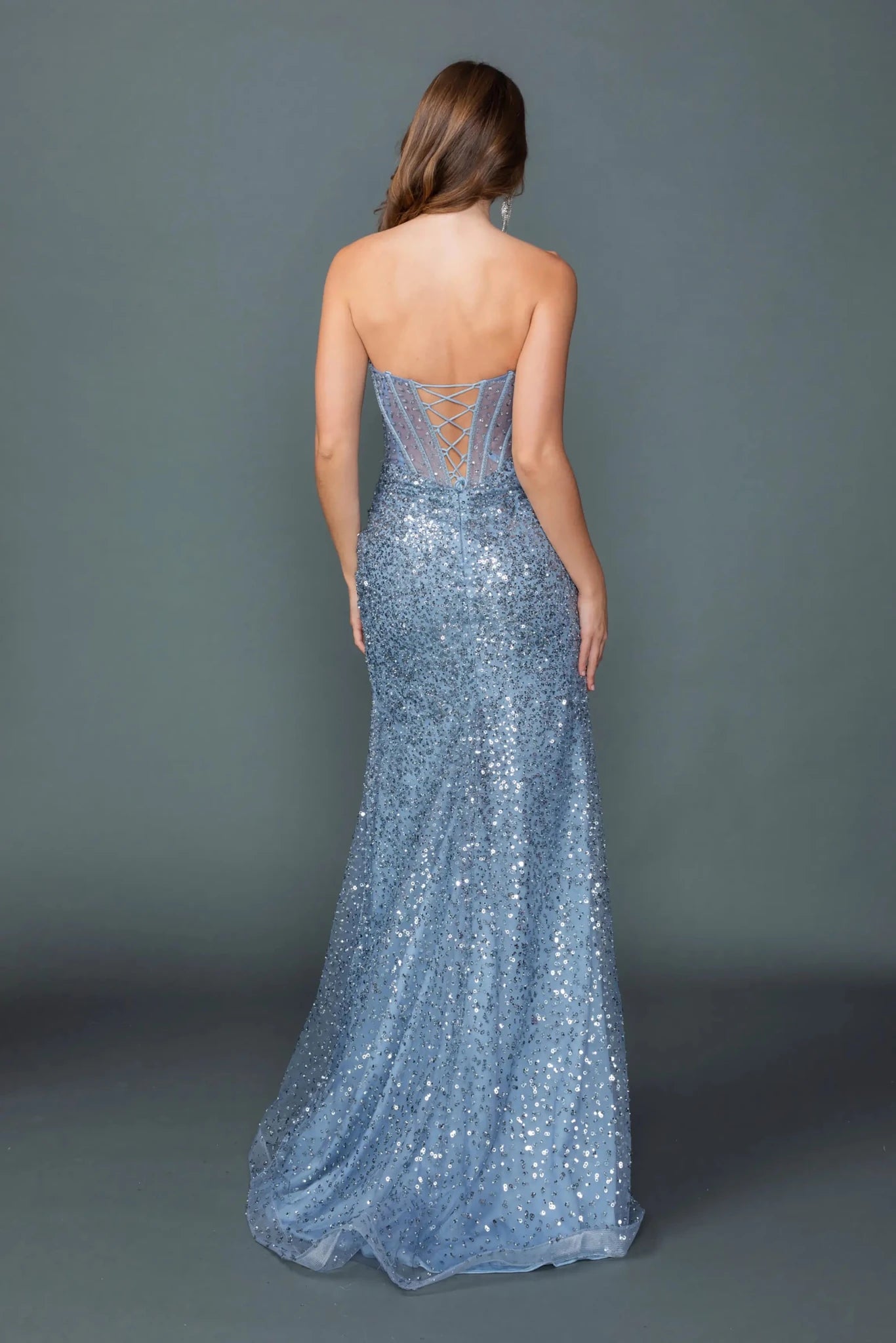 Back full Length view of Gorgeous Dusty Blue Strapless Sequin Prom Dress with Slit