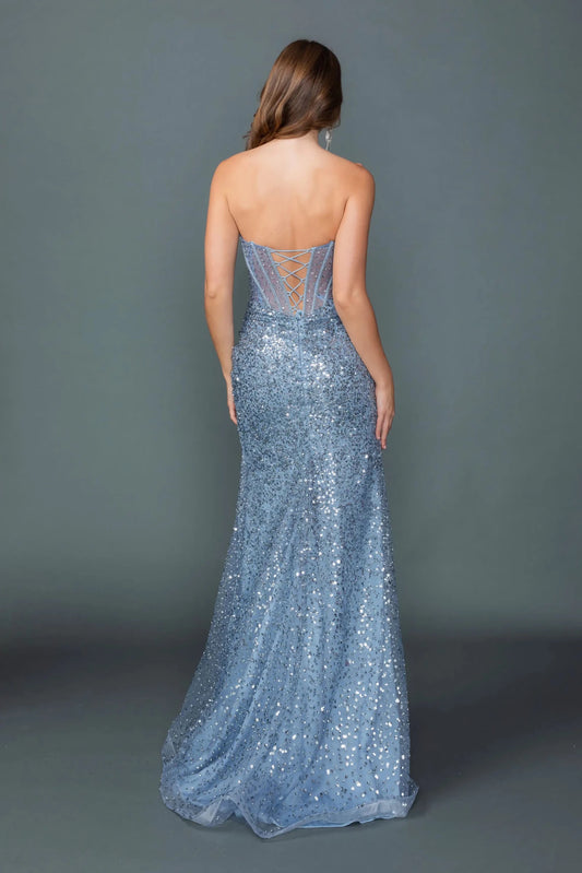 Back full Length view of Gorgeous Dusty Blue Strapless Sequin Prom Dress with Slit