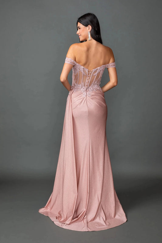 Back full Length view of Radiant Rose Gold Off-Shoulder Glitter Prom Dress with Slit