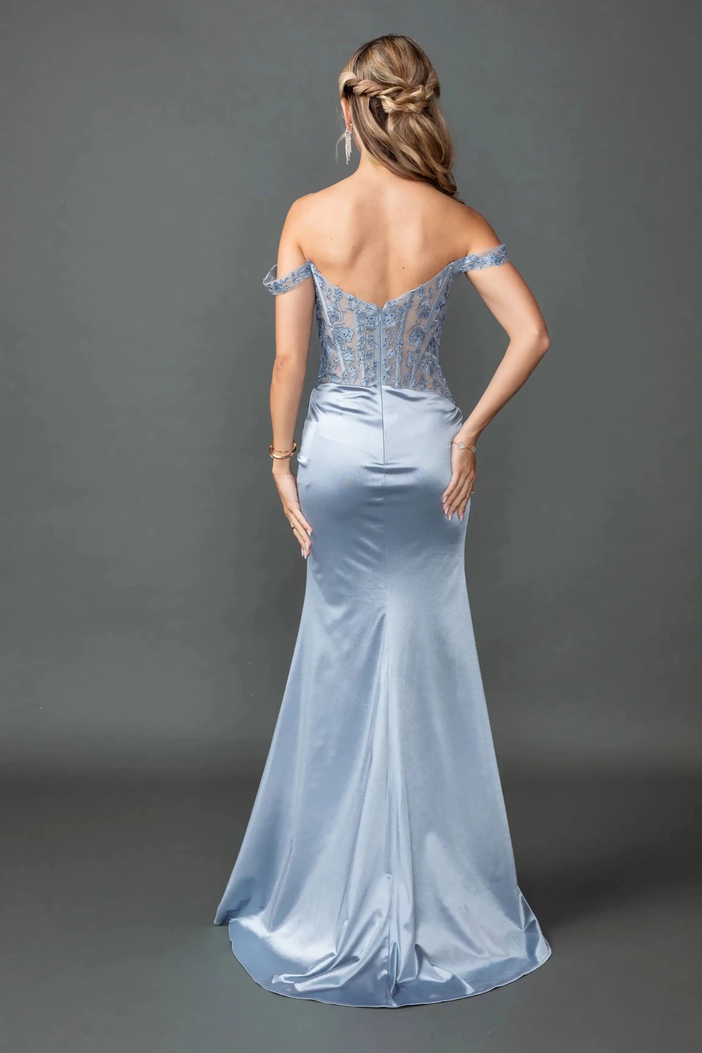 Back full Length view of Sophisticated Dusty Blue Off-Shoulder Satin Prom Dress with Slit