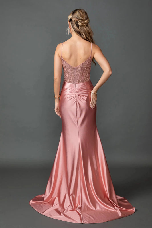 Back full Length view of Glamorous Rose Gold Off-Shoulder Mermaid Prom Dress