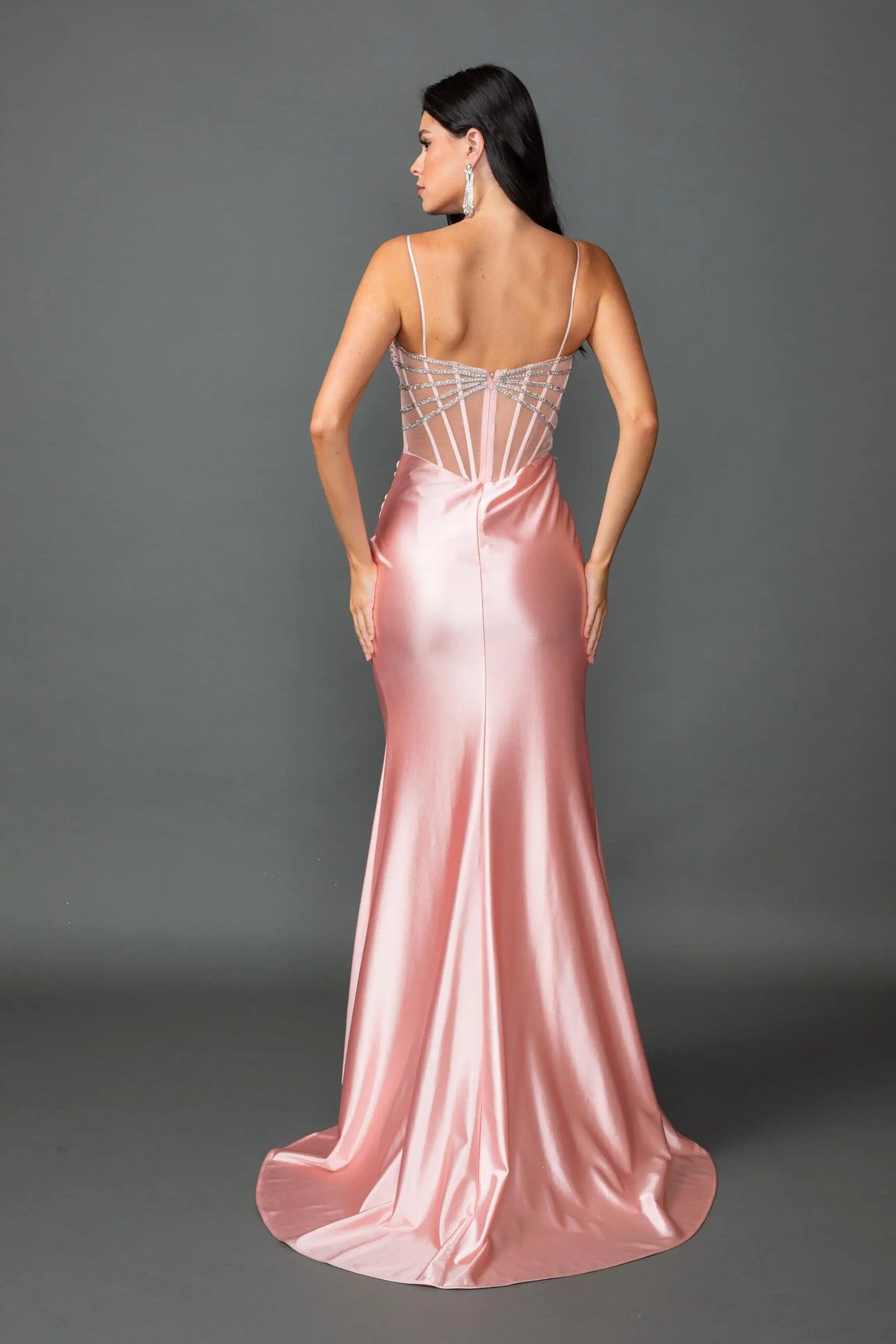 Blush satin evening dress with thin strap and zipper closure