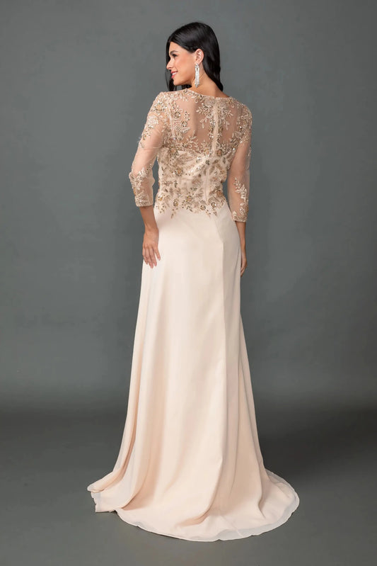Back full Length view of Sophisticated Champagne V-Neck Chiffon Prom Dress with Slit