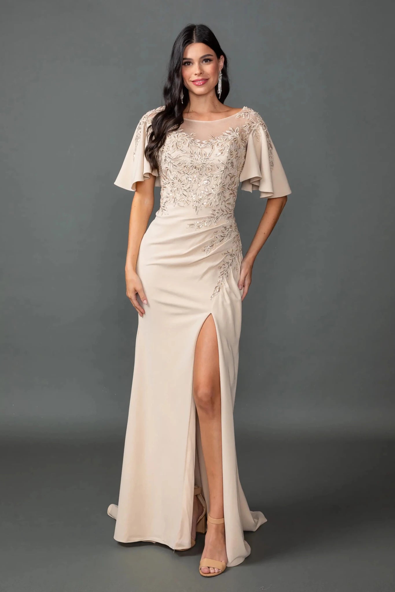 champagne slit dress Long Formal Dress: Dancing Queen 4549 / 3XLarge and this dress is fitgroup:04 Options:style 2 A-line Chiffon Mother of Champagne formal dress