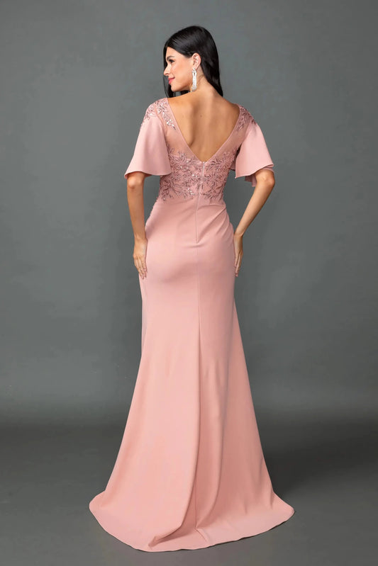 Back full Length view of Majestic Rose Gold Embellished Prom Dress with High Slit