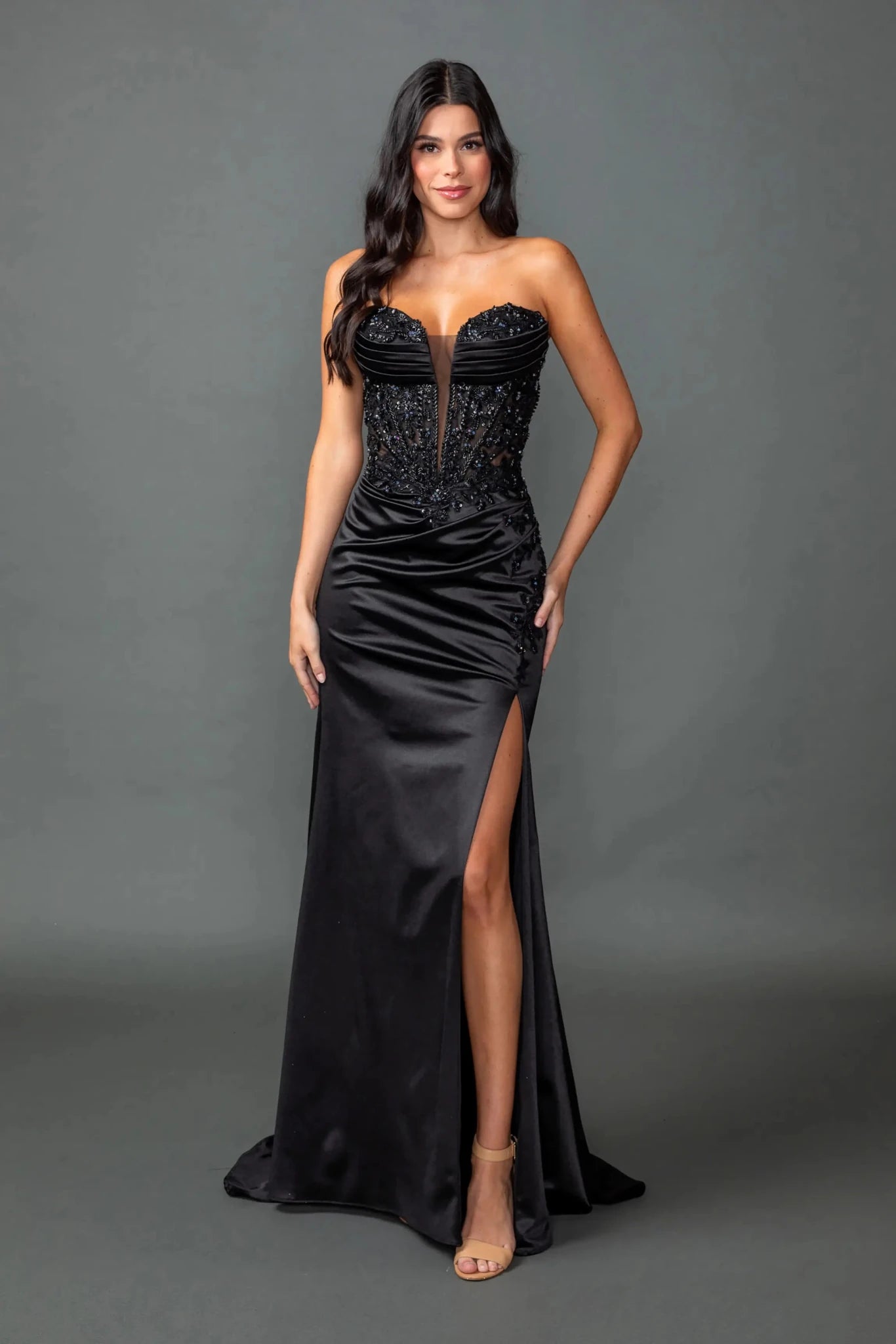 Chic Black Satin Prom Dress with Beaded Corset Bodice M / Black