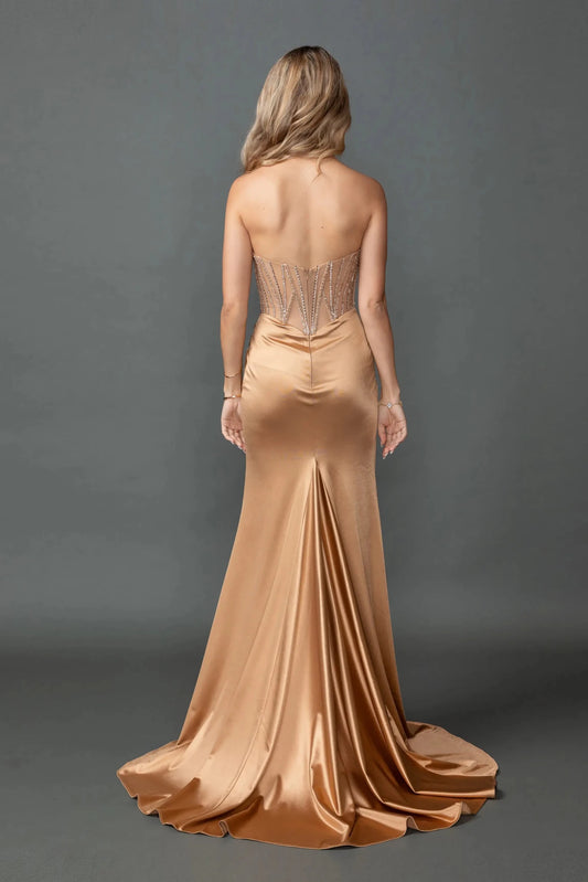 Back full Length view of Dazzling Gold Strapless Beaded Corset Prom Dress with Slit