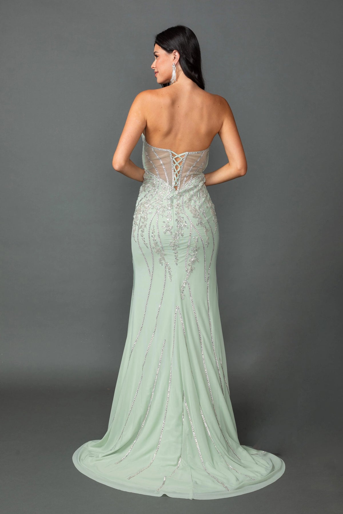 From the back, the Sage prom dress reveals its floor-length skirt.