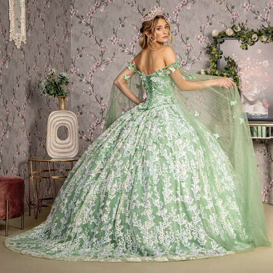Quinceañera | Sage Jewel 3D Butterfly Mesh Quince Dress with Long Sheer Sleeve Sweet 15 | Plus Size Available | Odalys dress back view