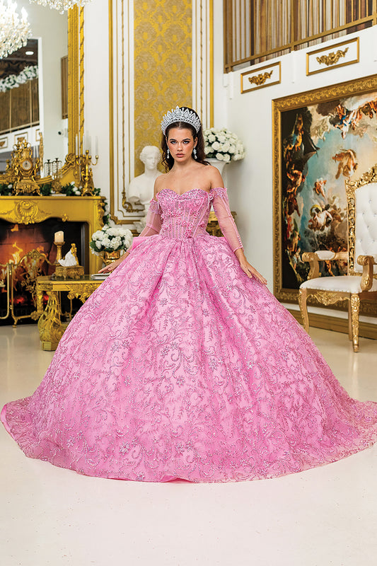 Quinceañera | Pink Ball Gown with Sweetheart Neckline, Sheer Sleeves, and Glitter Tulle Skirt | Anabel dress