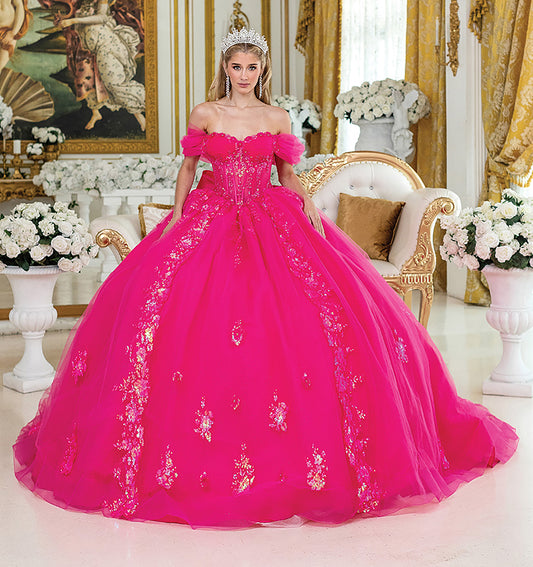 Quinceañera | Fuchsia Ball Gown with Off-the-Shoulder Sleeves and Structured Corset Bodice | Solana dress front view