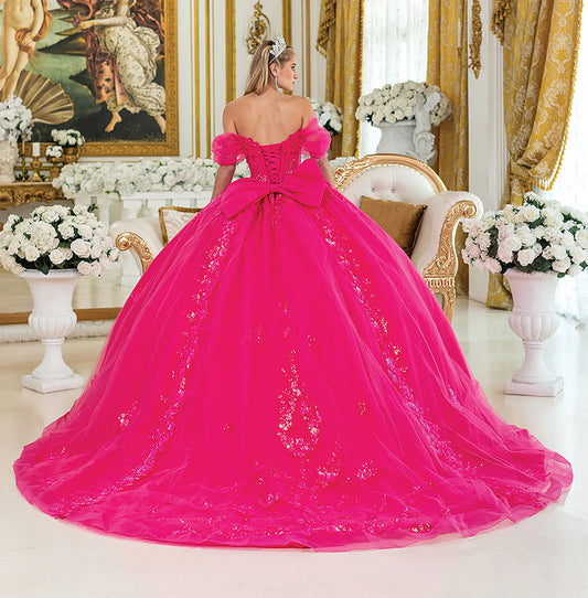 Quinceañera | Fuchsia Ball Gown with Off-the-Shoulder Sleeves and Structured Corset Bodice | Solana dress back view