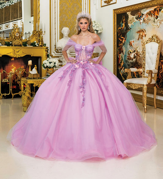 Quinceañera | Lilac Blush Off-the-Shoulder Sheer Sleeves, 3D Floral Appliques, and Layered Tulle Skirt | Amapola dress front