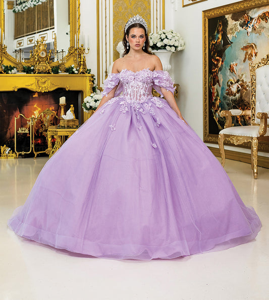 Quinceañera | Lilac Off-Shoulder, 3D Floral Appliques and Tulle Skirt | Jovita dress front view