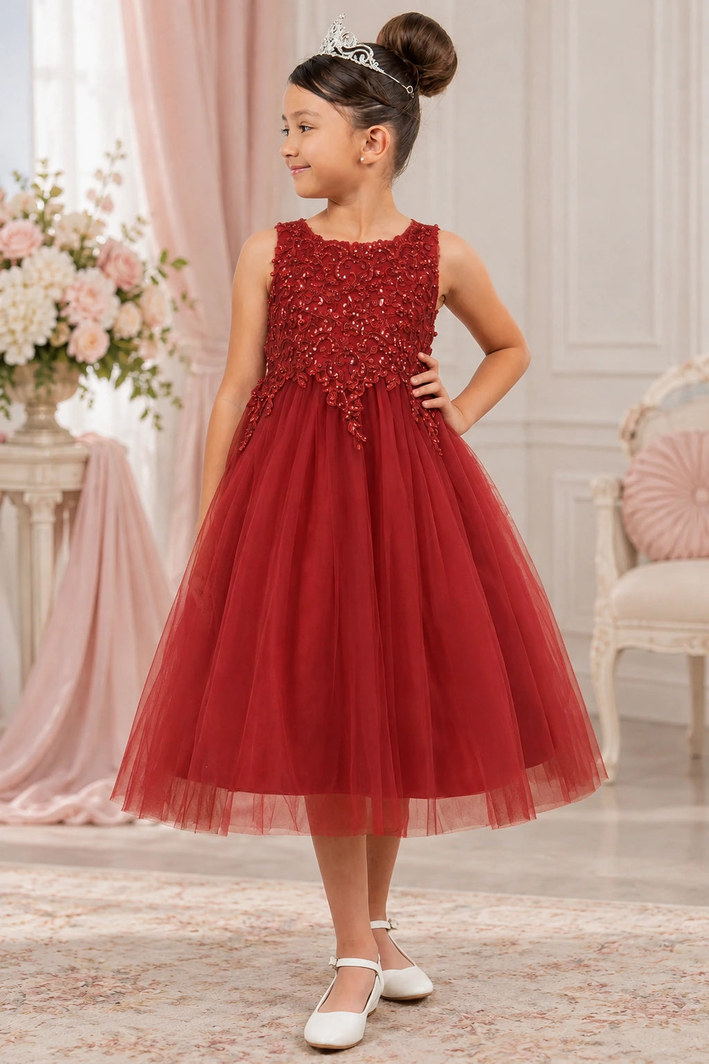 Floral embellishments cover the sleeveless bodice of this Burgundy flower girl dress.