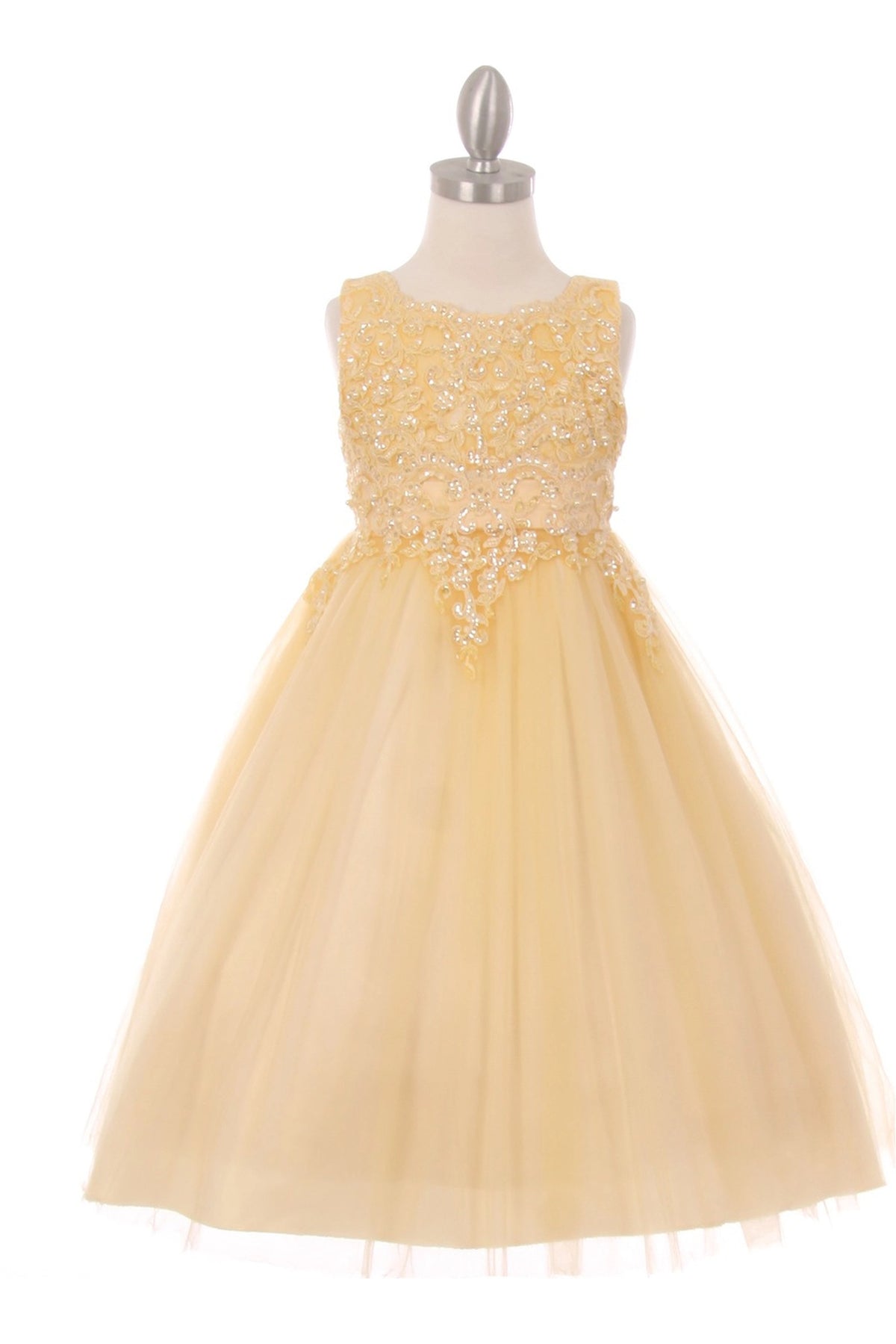 Champagne flower girl dress with pearl sequins and a full tea-length tulle skirt.