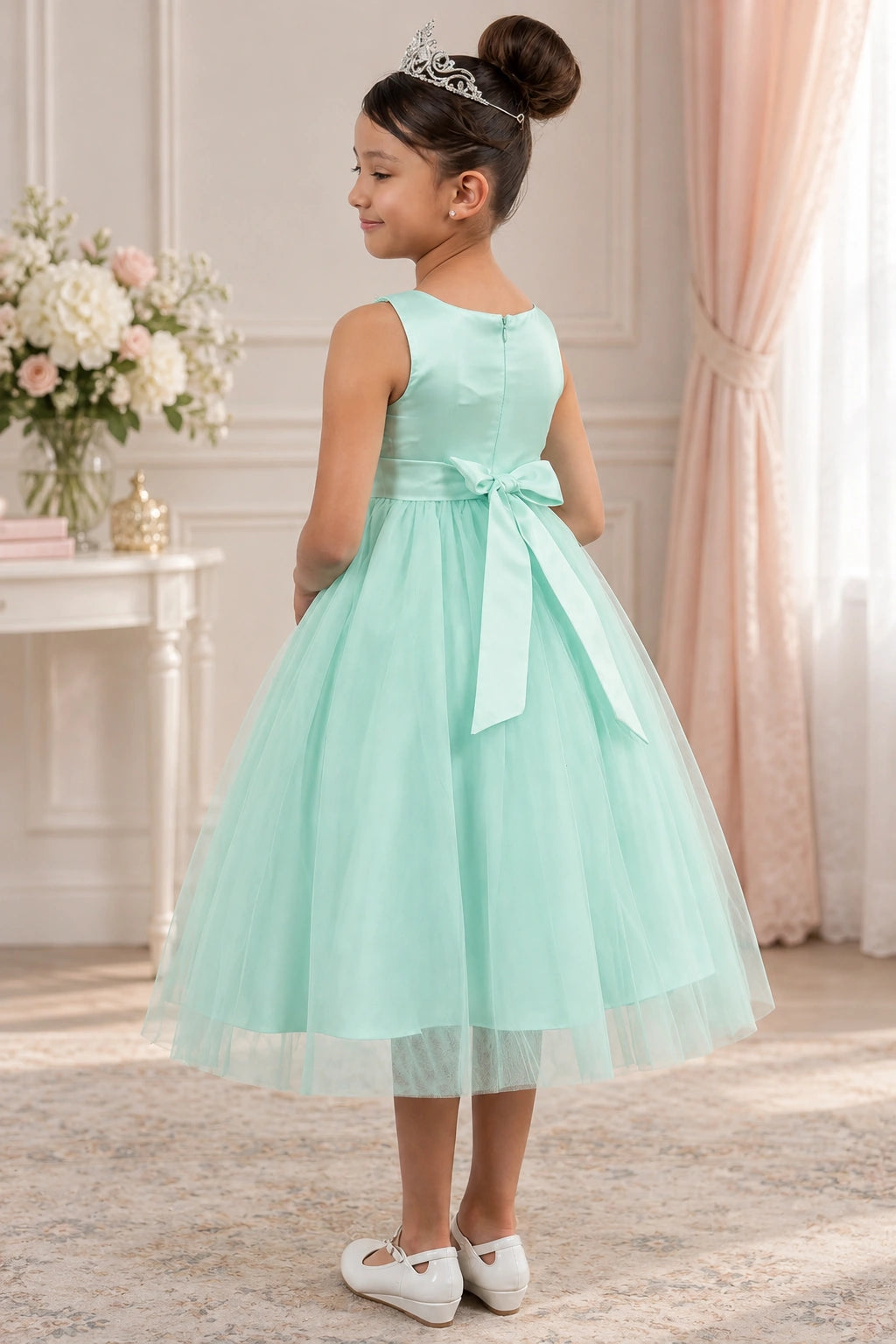 Seen from the rear, this Mint flower girl dress has a satin waist bow over sheer tulle layers.