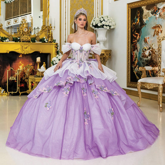 Quinceañera | Lilac-White Layered Skirt Ball Gown with Floral Embellishments | Benita dress