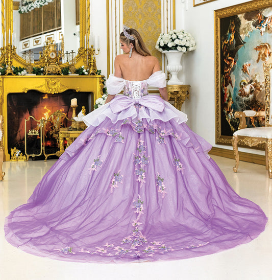 Quinceañera | Lilac-White Layered Skirt Ball Gown with Floral Embellishments | Benita dress back view