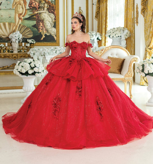 Quinceañera | Red Off-Shoulder Quinceañera Ball Gown with ruffled waist detail, Floral Embroidery | Carmela dress